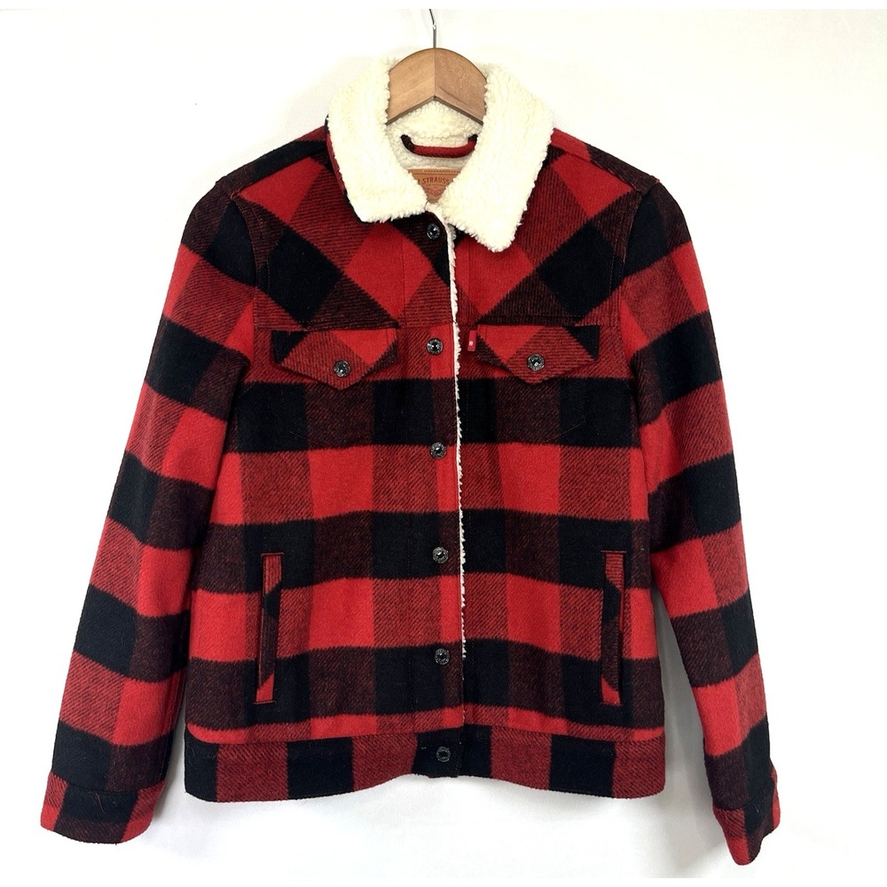 Levis Womens Buffalo Red Plaid Sherpa Lined Trucker Jacket Size XS Snap Buttons
